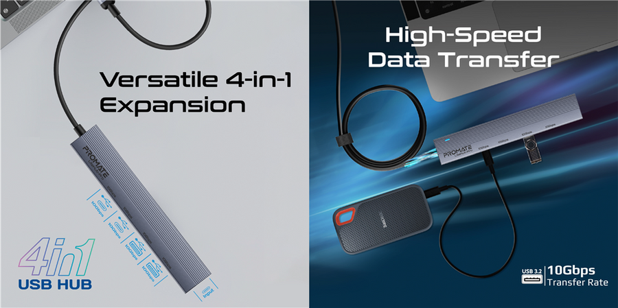 Promate LITEHUB-PRO - 4-in-1 USB Multi-Port Ultra Compact Hub USB-C Connector. 2x USB-A 10Gbps Ports & 2x