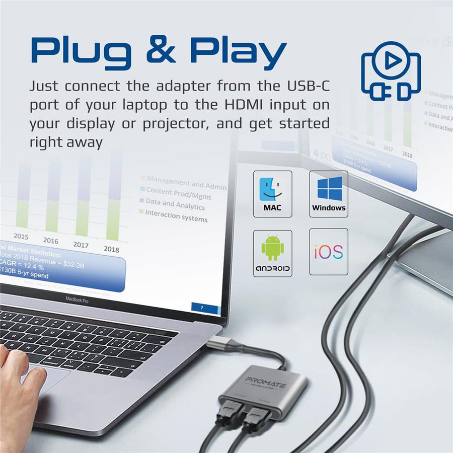 Promate MEDIALINK-H2 - 4K USB-C Connector to Dual HDMI Adapter.