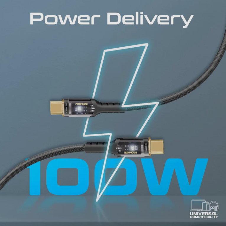 Promate LUCIDLINE-CC200W - 2m USB-C to USB-C Ultra-Fast 100W PD Cable w/ Transparent Connectors