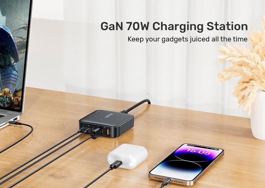 Unitek P1228AWH - 70W Desktop GaN Charging Station 2x USB-C PD Ports & 2x USB-A QC3.0 Ports.