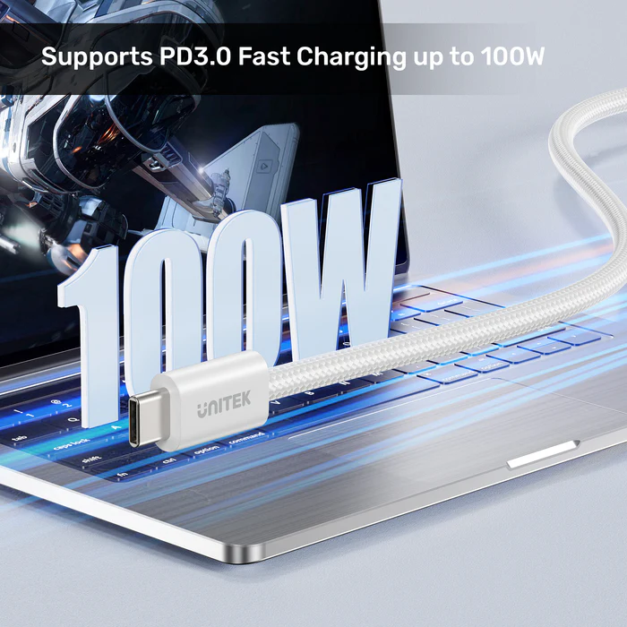 Unitek C14141A-WHT - 1M USB-C to USB-C Magnetic Cable. Supports 100W PD Fast Charging. Tangle-free
