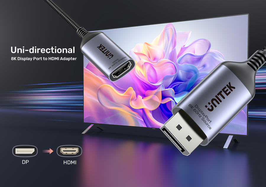 Unitek V1611A - 20cm 8K 60Hz DisplayPort 1.4 to HDMI 2.1 Adpater Cable. Supports 8K Ultra HD Res
