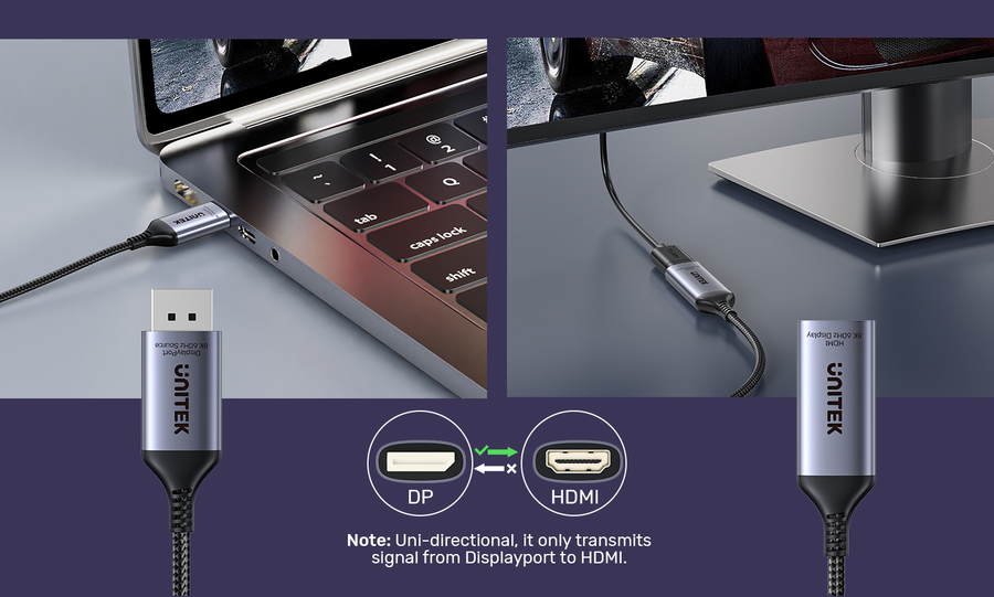 Unitek V1611A - 20cm 8K 60Hz DisplayPort 1.4 to HDMI 2.1 Adpater Cable. Supports 8K Ultra HD Res