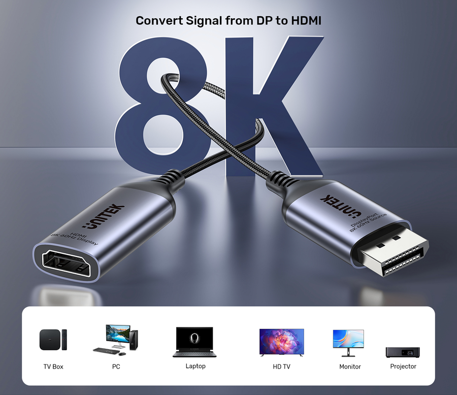 Unitek V1611A - 20cm 8K 60Hz DisplayPort 1.4 to HDMI 2.1 Adpater Cable. Supports 8K Ultra HD Res