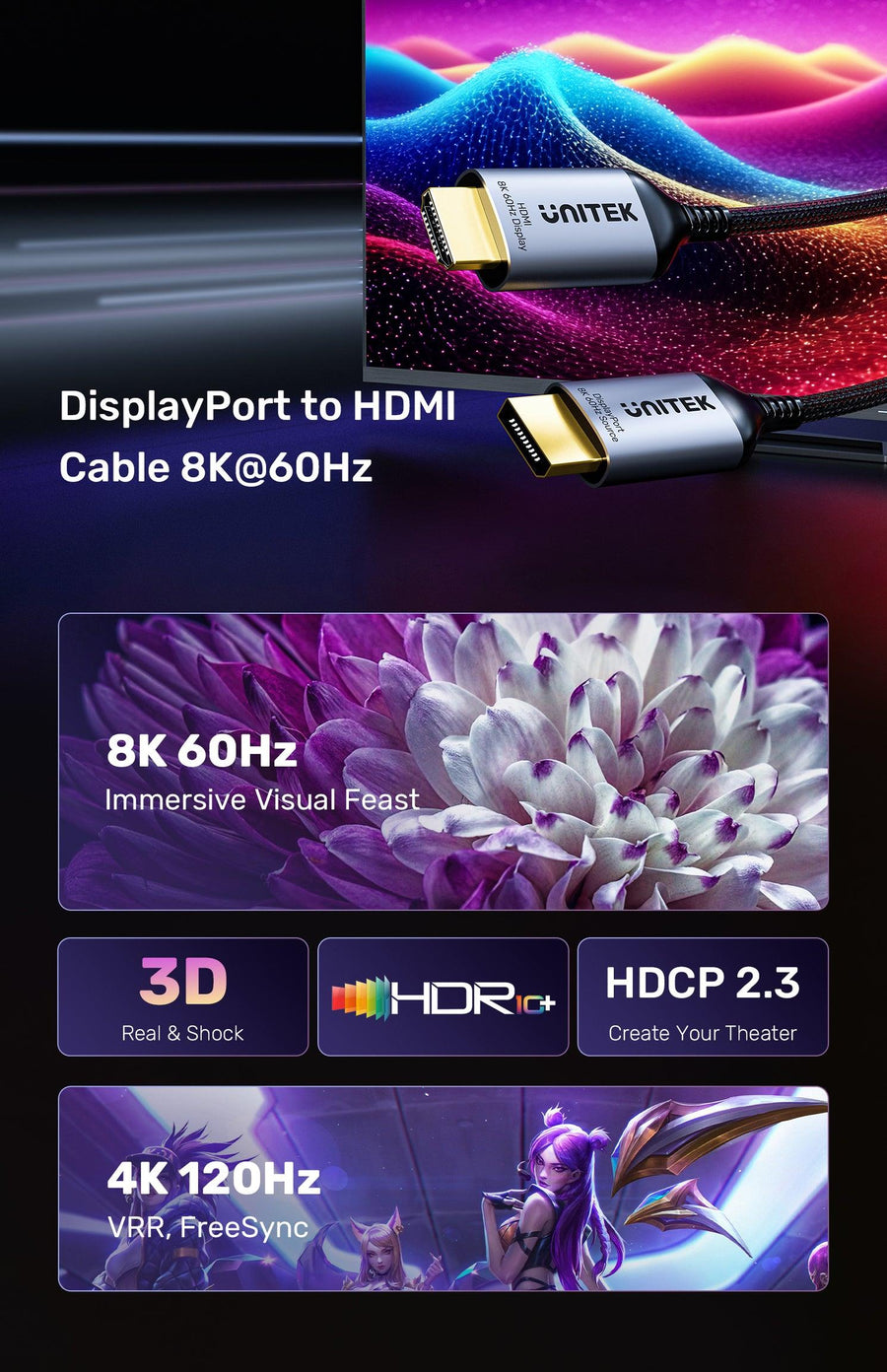 Unitek V1610A - 1.8M 8K 60Hz DisplayPort 1.4 to HDMI 2.1 Adpater Cable. Supports 8K Ultra HD Res