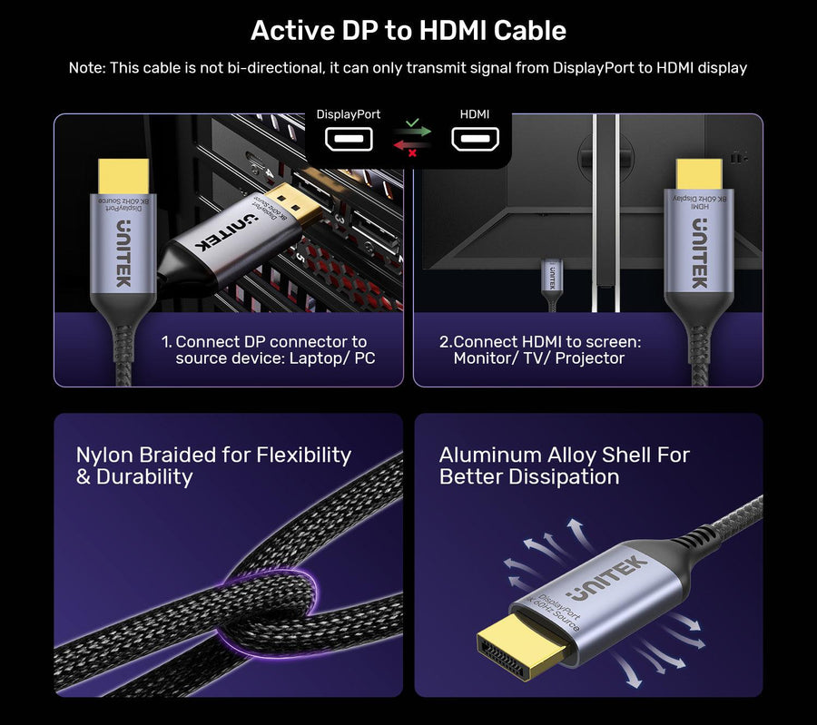 Unitek V1610A - 1.8M 8K 60Hz DisplayPort 1.4 to HDMI 2.1 Adpater Cable. Supports 8K Ultra HD Res