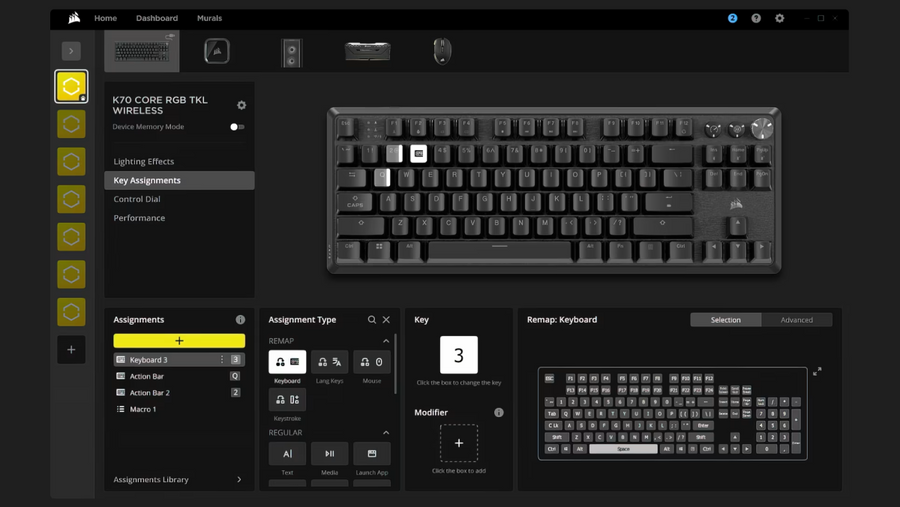 CH-914901E-NA - CORSAIR K70 CORE TKL WIRELESS RGB MLX RED V2 SOUND DAMPENING ROTARY DAIL GAMING KEYBOARD
