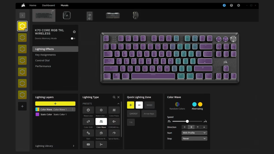 CH-914901E-NA - CORSAIR K70 CORE TKL WIRELESS RGB MLX RED V2 SOUND DAMPENING ROTARY DAIL GAMING KEYBOARD