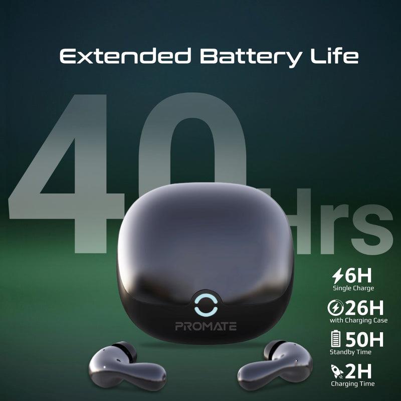 Promate BATON-BLK - In-Ear HD Bluetooth Earbud Hybrid ANC TWS w/ Intellitouch Includes 500mAh Recharging