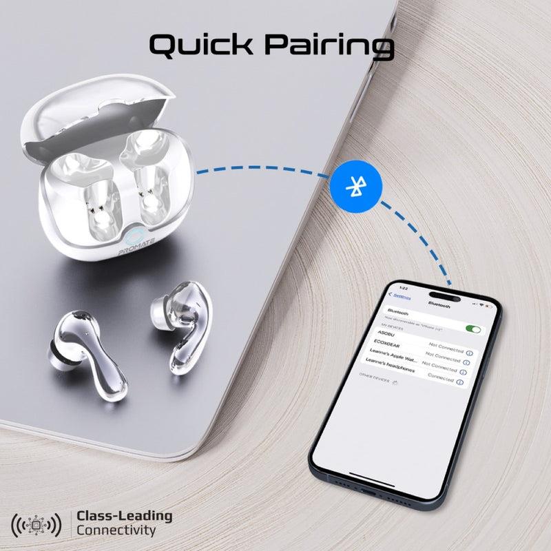 Promate BATON-WHT - In-Ear HD Bluetooth Earbud Hybrid ANC TWS w/ Intellitouch 500mAh Recharging Battery
