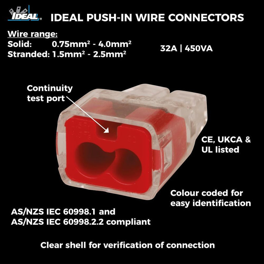 IDEAL INDUSTRIES IDL30-1132J - 32A 2 Port Push-in Wire Connector 100pc Jar. 0.75mm2 - 4.0mm2 Solid 1.5mm2