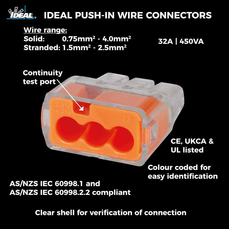 IDEAL INDUSTRIES IDL30-1133J - 32A 3 Port Push-in Wire Connector 100pc Jar. 0.75mm2 - 4.0mm2 Solid 1.5mm2