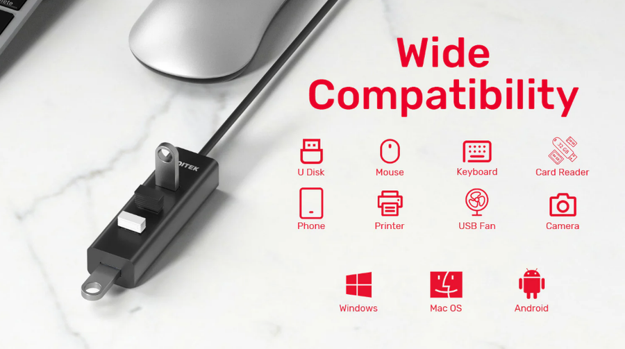 Unitek Y-3089V01 - USB 3.0 4-Port hub w/ 1.2m Cable Speed Data Trans Rate up to 5Gbps. Plug & play. LED