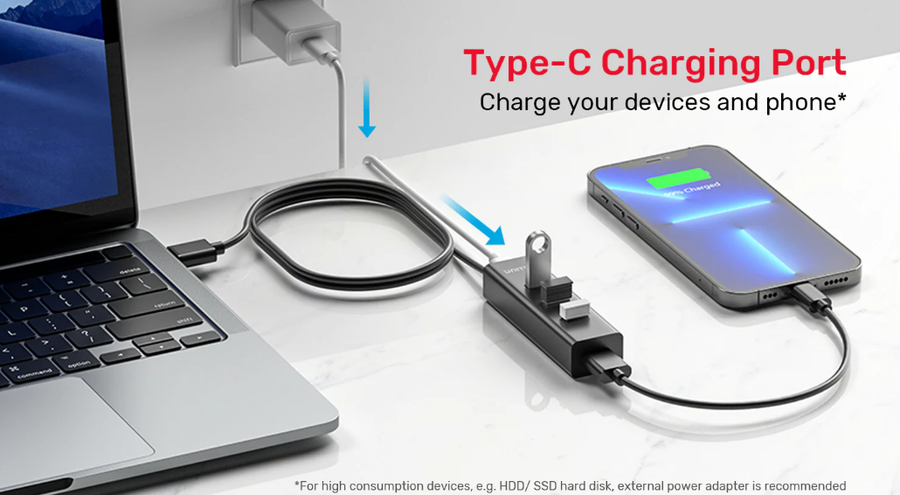 Unitek Y-3089V01 - USB 3.0 4-Port hub w/ 1.2m Cable Speed Data Trans Rate up to 5Gbps. Plug & play. LED