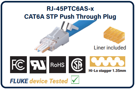 DYNAMIX RJ-45PTC6AS-50J - Cat6/6A STP External Ground Push Through Plug 50pc Pack 2pc with Insert Solid/Stranded