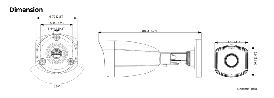 HiLook IPC-B150H-2-8 - 5MP 2.8mm Fixed Bullet PoE Network Camera. H265 PoE IR up to 30m