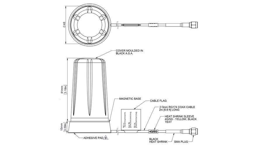 Panorama Antennas LPBEM-6-60-2SP – 4G/5G LTE Low-Profile Antenne mit Magnetfuß und 2 m Kabel SMA