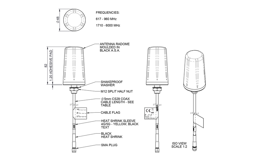 Panorama Antennas LPB-6-60-2SP - 4G/5G LTE Flache Smart-Antenne zur Schalttafeleinbaumontage, 2m Kabel SMA