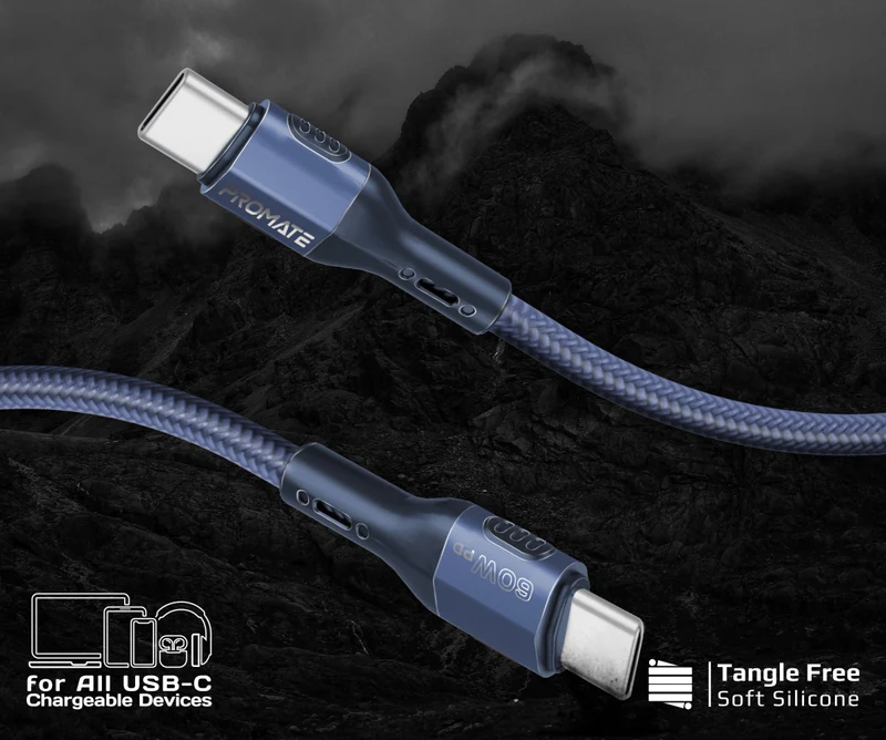Promate FLETCHLINK-CC-BL - 1.2m 60W PD USB-C to USB-C Tough-Built Cable. Supports up to 480Mbps Slim