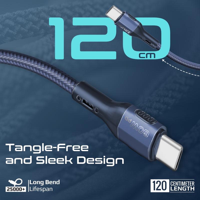 Promate FLETCHLINK-CC-BL - 1.2m 60W PD USB-C to USB-C Tough-Built Cable. Supports up to 480Mbps Slim