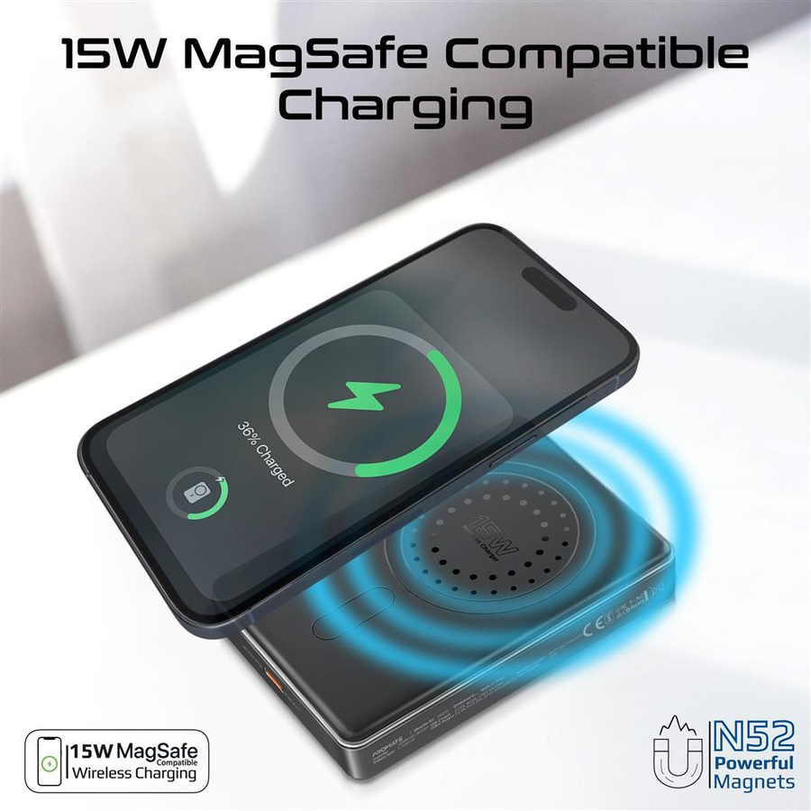 Promate BLADE-10-BLK - 10000mAh UltraSlim Wireless Charging 15W MagSafe 20WPD USB-C In/Out Port Smart