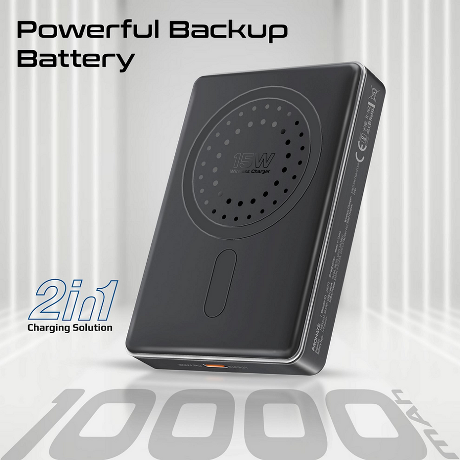 Promate BLADE-10-BLK - 10000mAh UltraSlim Wireless Charging 15W MagSafe 20WPD USB-C In/Out Port Smart