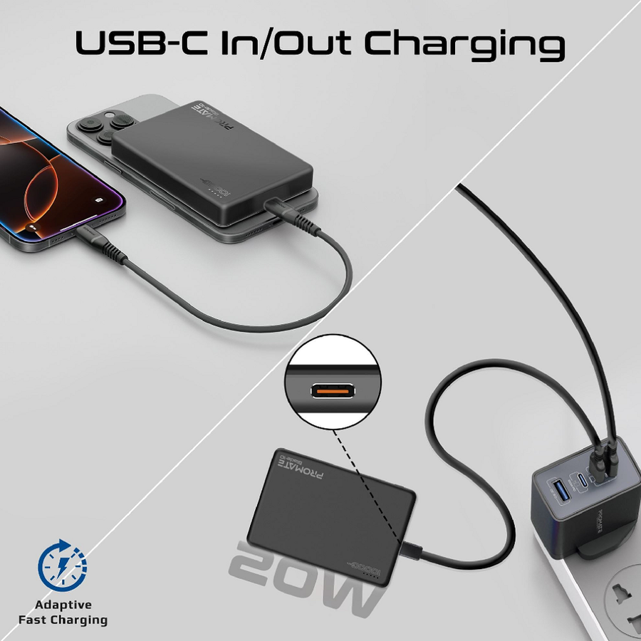 Promate BLADE-10-BLK - 10000mAh UltraSlim Wireless Charging 15W MagSafe 20WPD USB-C In/Out Port Smart