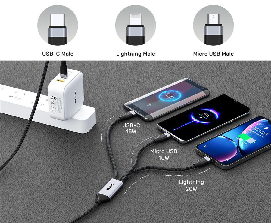 Unitek C14101AGY-1-5M - 1.5m 20W 3in1 USB-C Data & Charge Cable USB-C Lightning & Micro USB Connectors. Multi