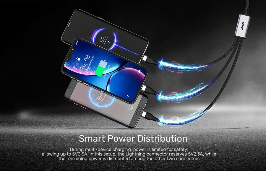 Unitek C14101AGY-1-5M - 1.5m 20W 3in1 USB-C Data & Charge Cable USB-C Lightning & Micro USB Connectors. Multi