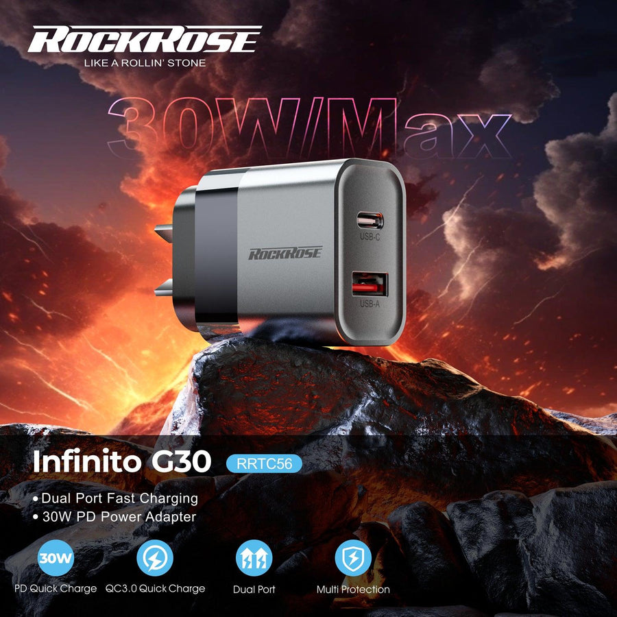 RockRose Infinito G30 -- 30W PD & QC 3.0  , USB-C & USB-A Dual Port 30W USB-C AC Wall Charger