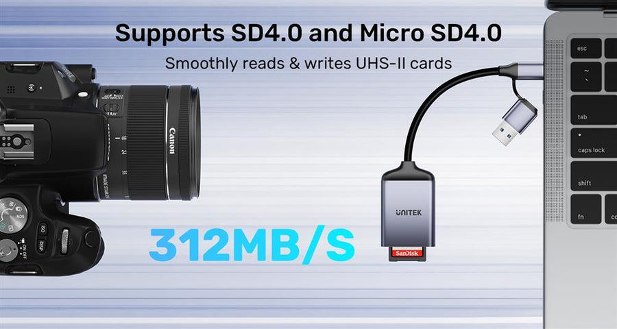Unitek R1018E01 - 2-in-1 USB-C/A SD4.0 Card Reader. Simultaneously Reads/Writes