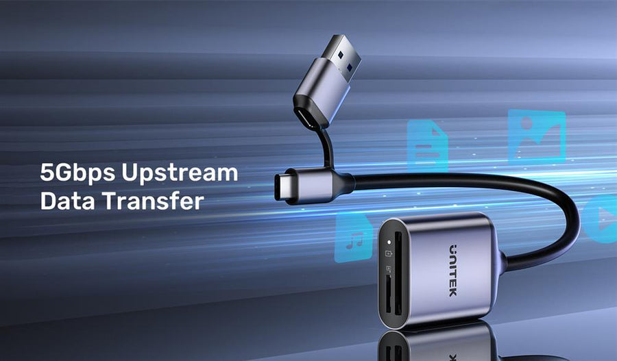 Unitek R1018E01 - 2-in-1 USB-C/A SD4.0 Card Reader. Simultaneously Reads/Writes