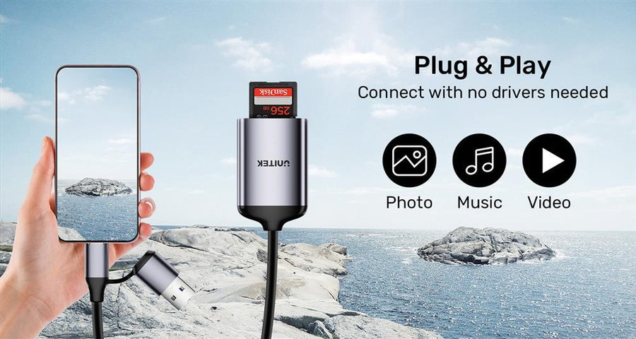 Unitek R1018E01 - 2-in-1 USB-C/A SD4.0 Card Reader. Simultaneously Reads/Writes