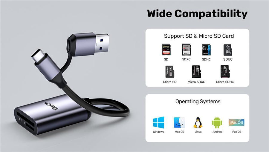Unitek R1018E01 - 2-in-1 USB-C/A SD4.0 Card Reader. Simultaneously Reads/Writes