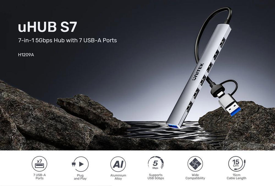 Unitek H1209A - 7-in-1 USB Multi-port Super Slim Hub USB-C & A Connectors. Includes 6x USB-A 480Mbps