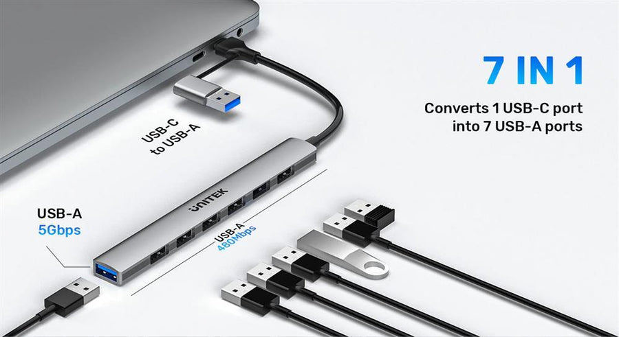 Unitek H1209A - 7-in-1 USB Multi-port Super Slim Hub USB-C & A Connectors. Includes 6x USB-A 480Mbps