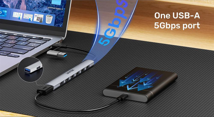 Unitek H1209A - 7-in-1 USB Multi-port Super Slim Hub USB-C & A Connectors. Includes 6x USB-A 480Mbps