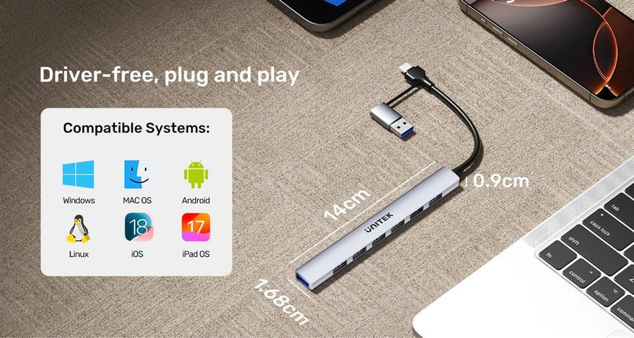 Unitek H1209A - 7-in-1 USB Multi-port Super Slim Hub USB-C & A Connectors. Includes 6x USB-A 480Mbps