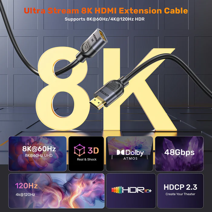 Unitek C11091AGY-2M - 2m 8K HDMI Extension Cable Supports 8K@60Hz/4K@120Hz HDR Built to Last Gold-plated
