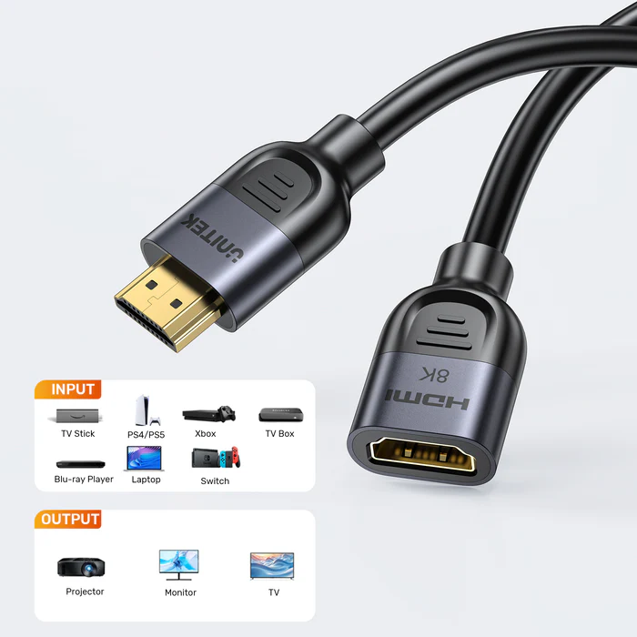 Unitek C11091AGY-2M - 2m 8K HDMI Extension Cable Supports 8K@60Hz/4K@120Hz HDR Built to Last Gold-plated