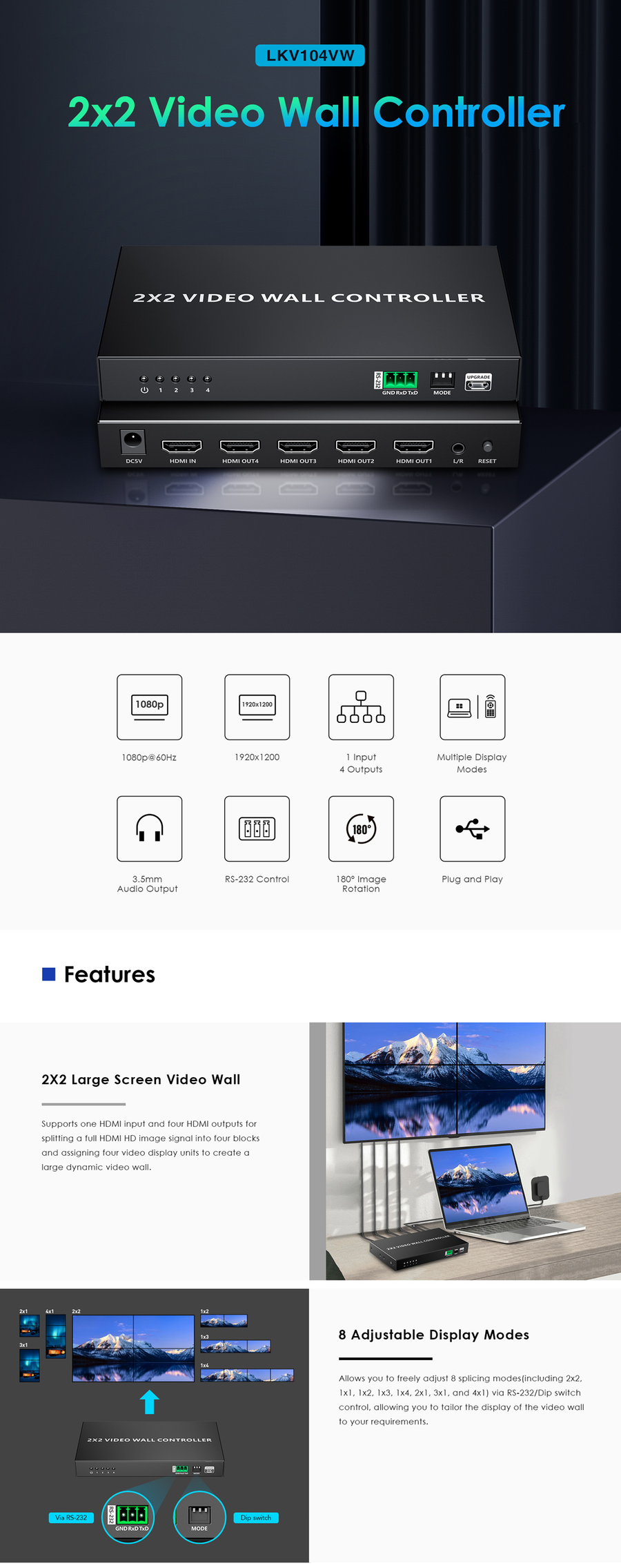 LENKENG LKV104VW - 2x2 HDMI Videowall Controller w/ 1x HDMI In & 4x HDMI Out. 1920x1200@60Hz Res