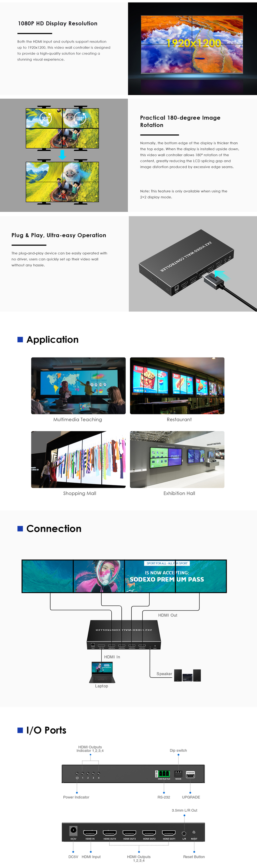 LENKENG LKV104VW - 2x2 HDMI Videowall Controller w/ 1x HDMI In & 4x HDMI Out. 1920x1200@60Hz Res