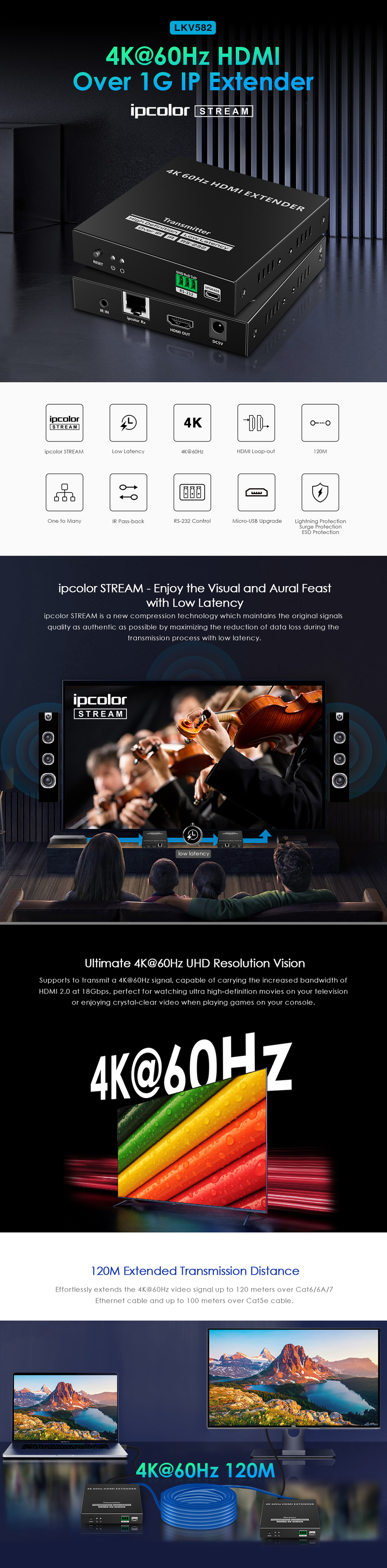 LENKENG LKV582 - 4K HDMI Extender Over 1G IP CAT5e/6/6A/7 Network Cable. Supports Res up to 4K@60Hz.