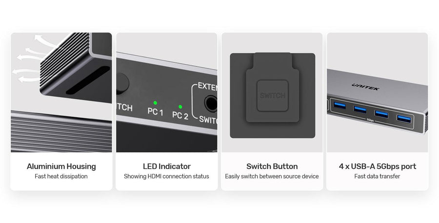 Unitek V1309A - 5Gbps HDMI KVM Switch. Switches Between 2 Devices 1 HDMI 4K@60Hz Display & 4 USB
