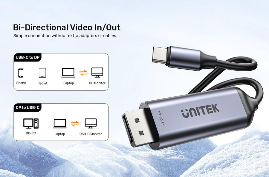 Unitek V1423D - 1.8m 8K USB-C DisplayPort 1.4 Cable in Aluminium Housing Res up to 8K@30Hz & HDR.