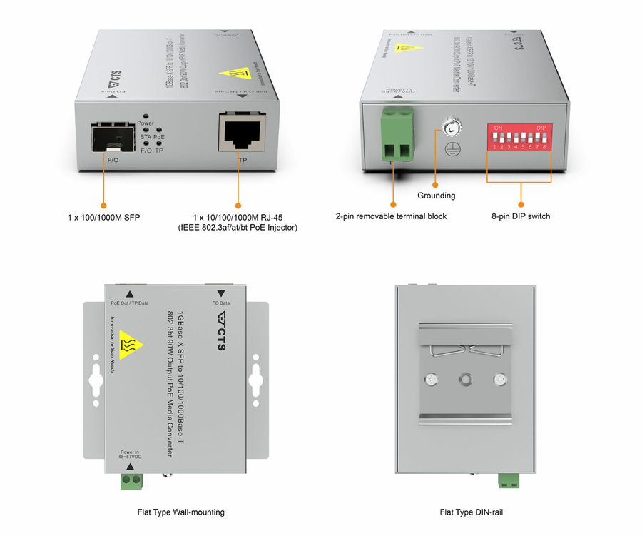 CTS SRC-3002SFP-BT - 1GBase-X SFP to 10/100/1000 Base-T 802.3BT 90W Output POE Rugged Media Converter