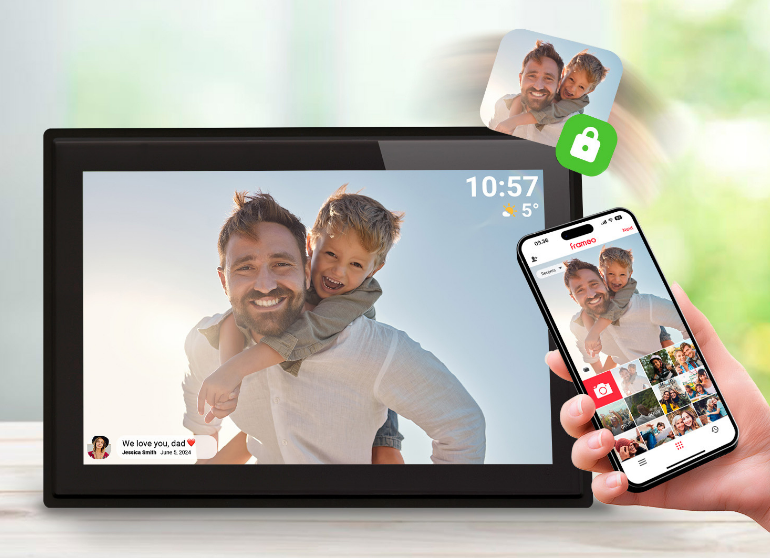 Jackson Frameo 10.1" WiFi Digital Photo Frame - White with Oak Frame 16GB Built in Memory - Play Video & Pictures - Touch Panel - Smart Frameo App Support - Android & IOS Support - 2.4Ghz