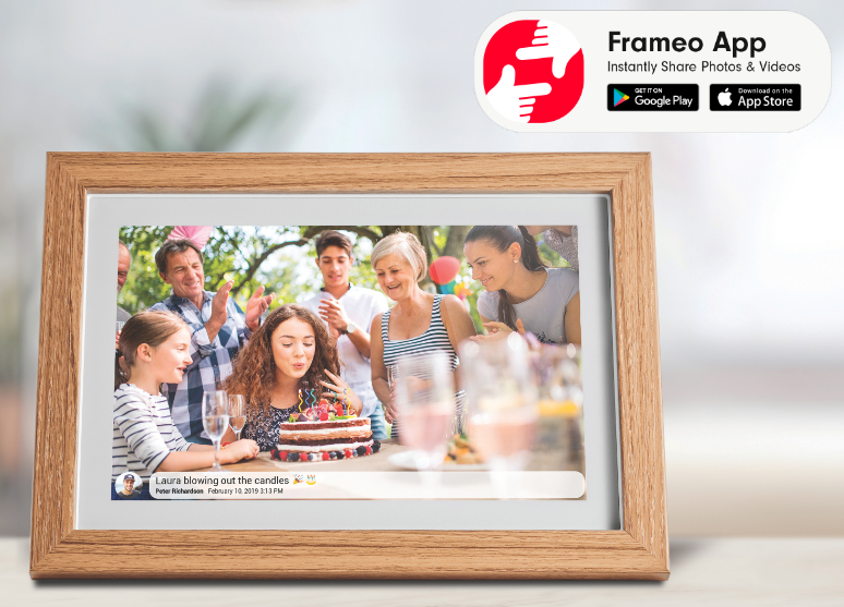 Jackson Frameo 10.1" WiFi Digital Photo Frame - White with Oak Frame 16GB Built in Memory - Play Video & Pictures - Touch Panel - Smart Frameo App Support - Android & IOS Support - 2.4Ghz