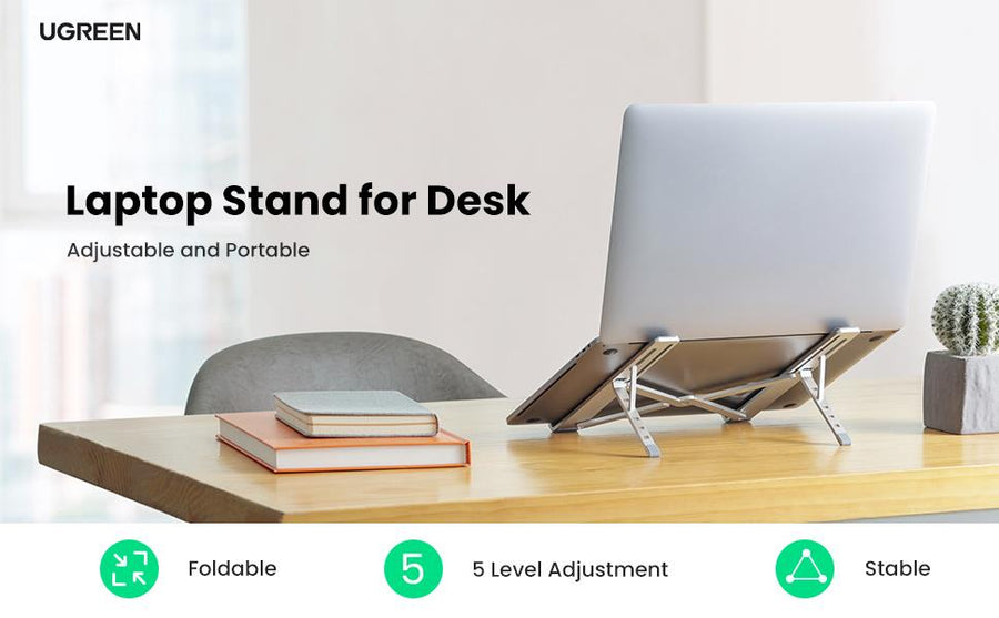 UGREEN UG-40289 Aluminum Foldable Laptop Stand - Silver - Foldable & Portable - 5 Level Height Adjustment - Support laptop up to 8"-17.3" iPad Mini/ Macbook Pro