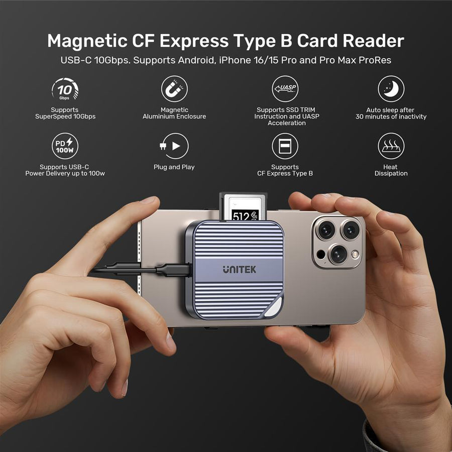 Unitek S1244B - MagSafe Magnetic CF Express Reader for iPhone 16/15 USB-C 10Gbps USB3.2 GEN2
